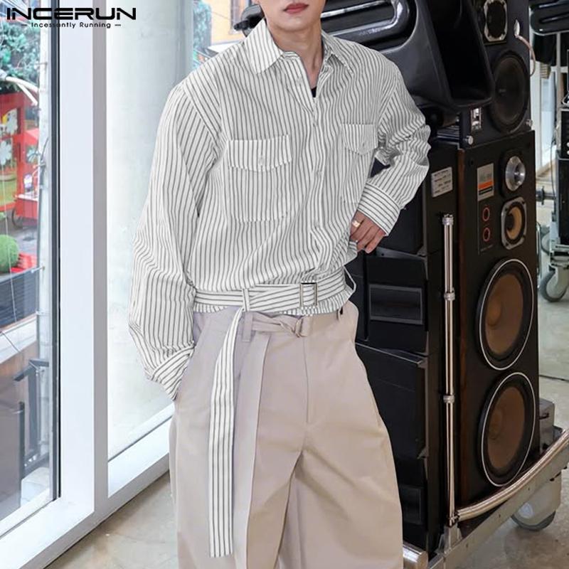 INCERUN Oversized Men Lapel Neck Long Sleeve Striped Print Belt Casual Shirts Tops