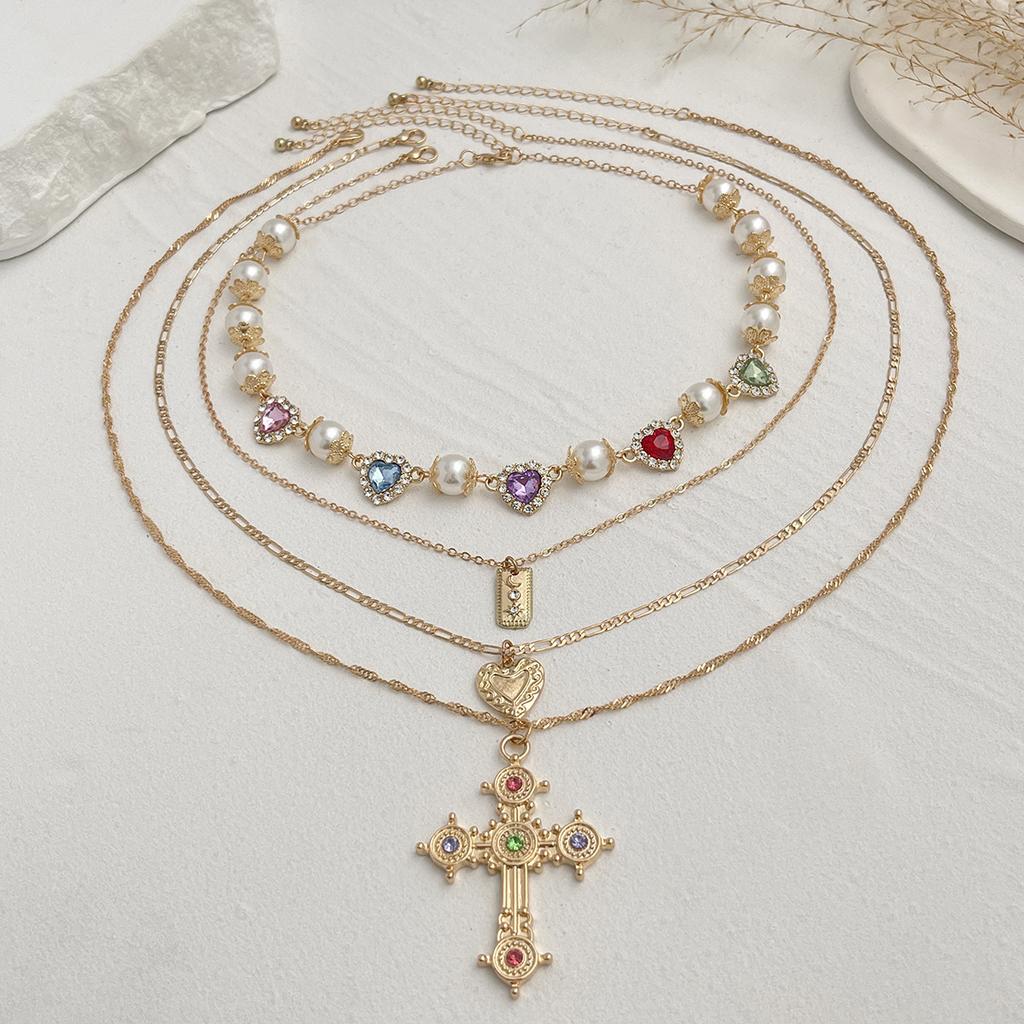 Ingemark Multilayer Rhinestone Love Heart Imitation Pearl Chain Necklace Women Creative Jesus Cross Pendant Choker Y2K Jewelry