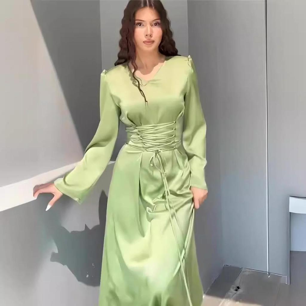 2024 Spring V-Neck Bandage Waist Slimming Long Sleeve Dress for Socialites