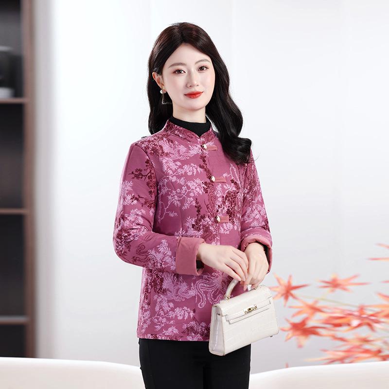 Dámská bunda slim fit ze směsi bavlny: Podzimní/Zimní Národní Styl, Hřejivý Kabát pro Matky Středního Věku a Starší s Plus Sametem.