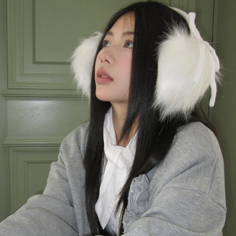 Cute Earmuffs Winter New Japanese Butterfly Bow White Long Hair Velvet Ear Pack Headwear for Girls Riding EarWarmth Headphones