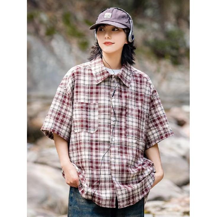 Retro Plaid Shirt Men'S Short Sleeved Trendy Casual Versatile Shirt Hong Kong Style Spring And Autumn Hooligan Handsome Inch Jacket