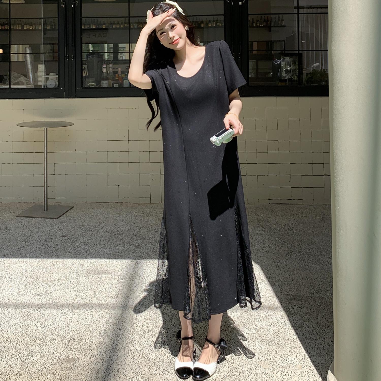 

Dimanaf Летнее платье больших размеров 2025 года Женское повседневное черное винтажное платье с кружевной вставкой Базовое длинное свободное платье 3XL чёрный