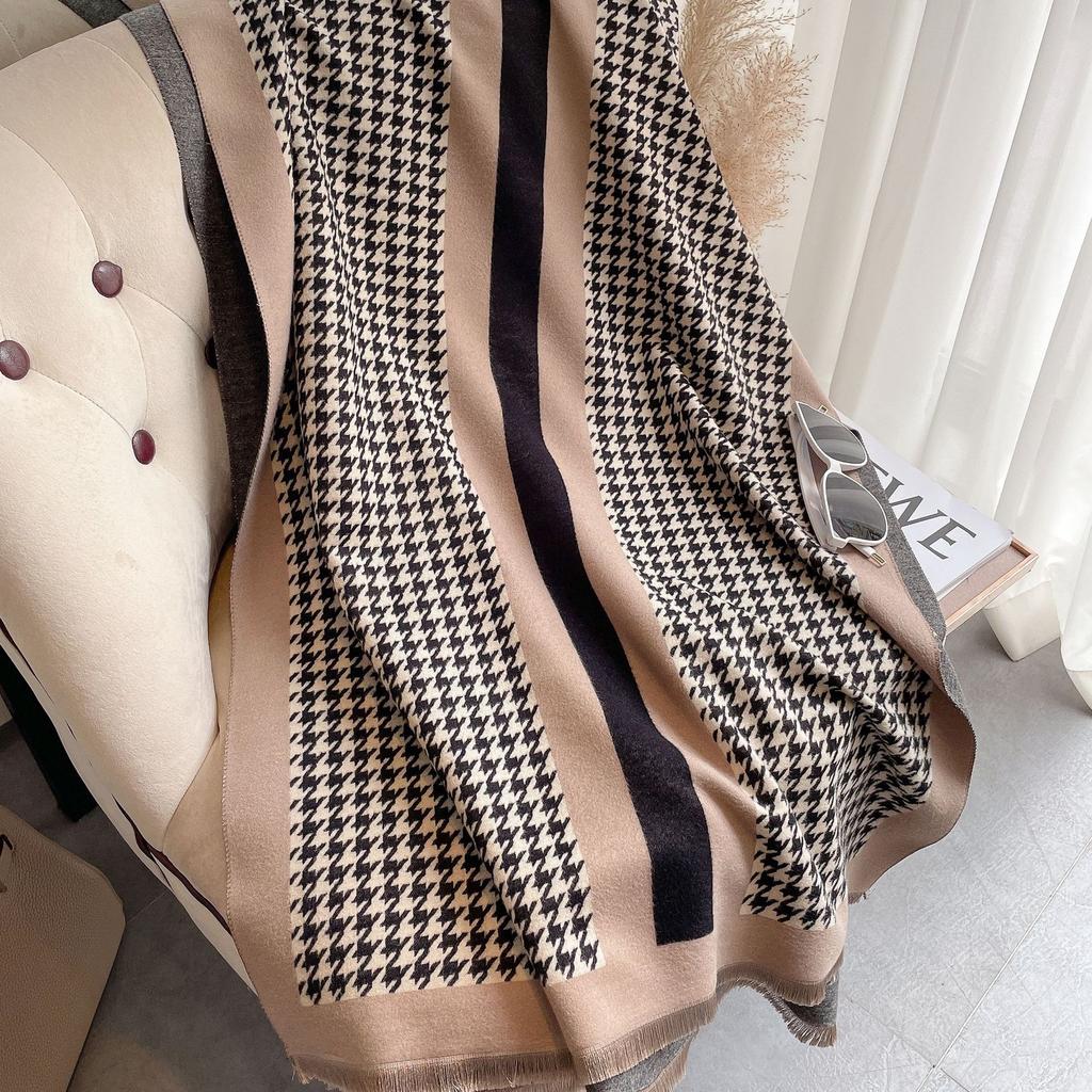 Imitation Cashmere Scarf Women'S Air-Conditioned Room Shawl Thousand Bird Grid Jacquard Elegant Long Scarf Short Beard Fringe Decorative Scarf