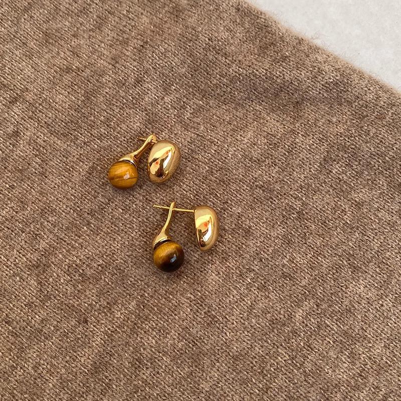 Geometric Tiger's Eye Stud Earrings, Retro Millard Style - Unique Design with Silver Needle 