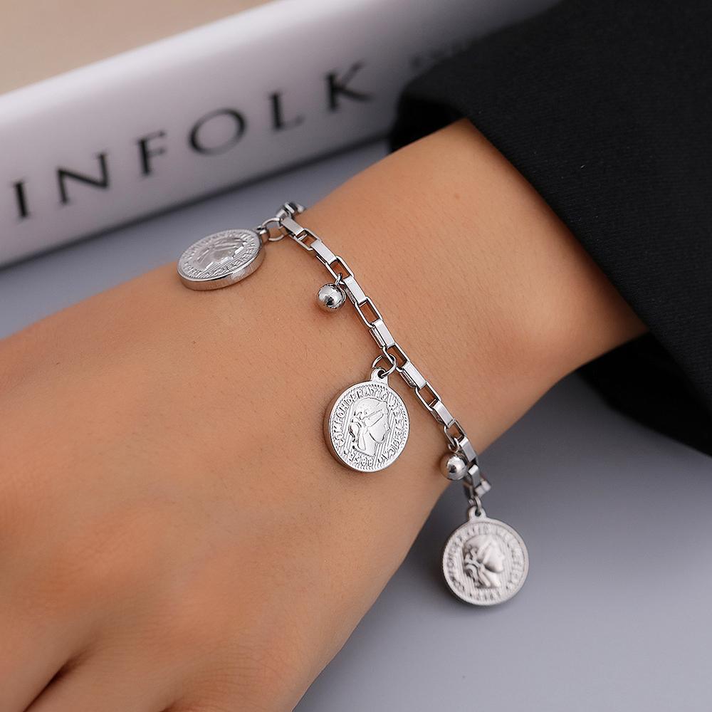 Stainless Steel Bracelets Grunge Gothic Queen's Portrait Coin Pendants Exquisite Charms Bracelet For Women Zircon Party Gifts