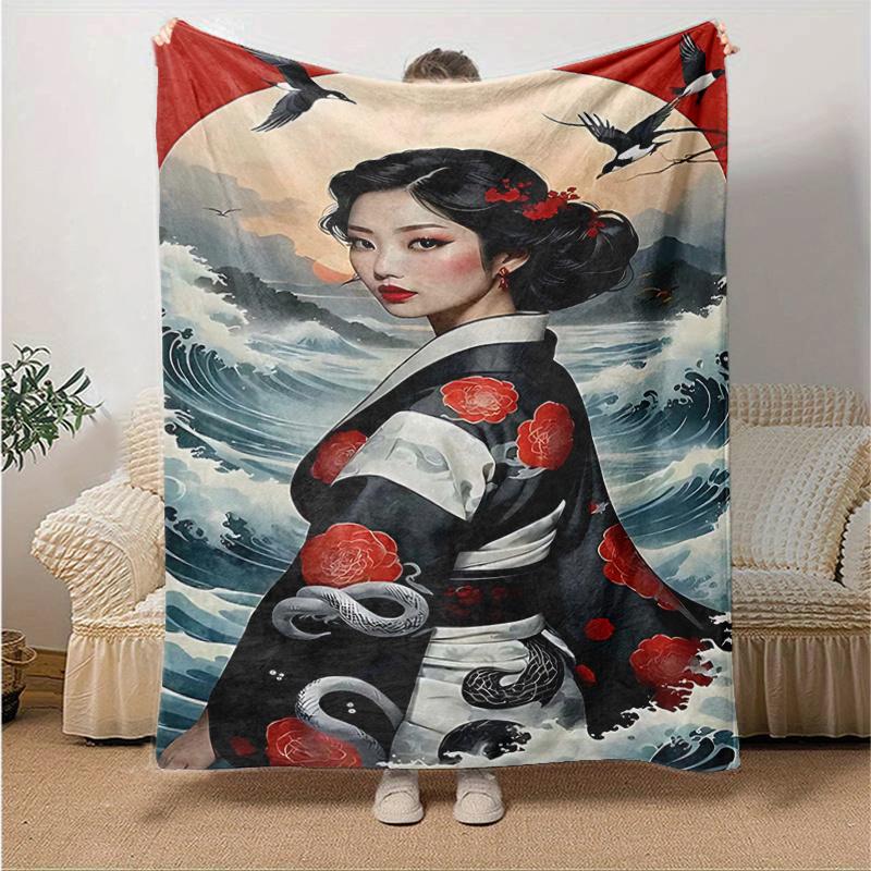 1pc Japanese Geisha Design Throw Blanket Home Decor, Sofa Cover, Outdoor Blanket .W052