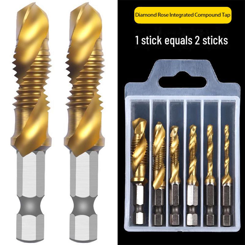 5-pc Titanium Plated High-Speed Steel Spiral Groove Machine Tap Set for Hand Tapping Screw Holes.