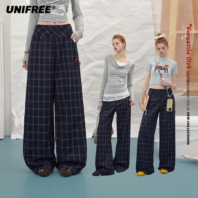 UNIFREE Plaid Wide-Leg Casual Pants with Badge S