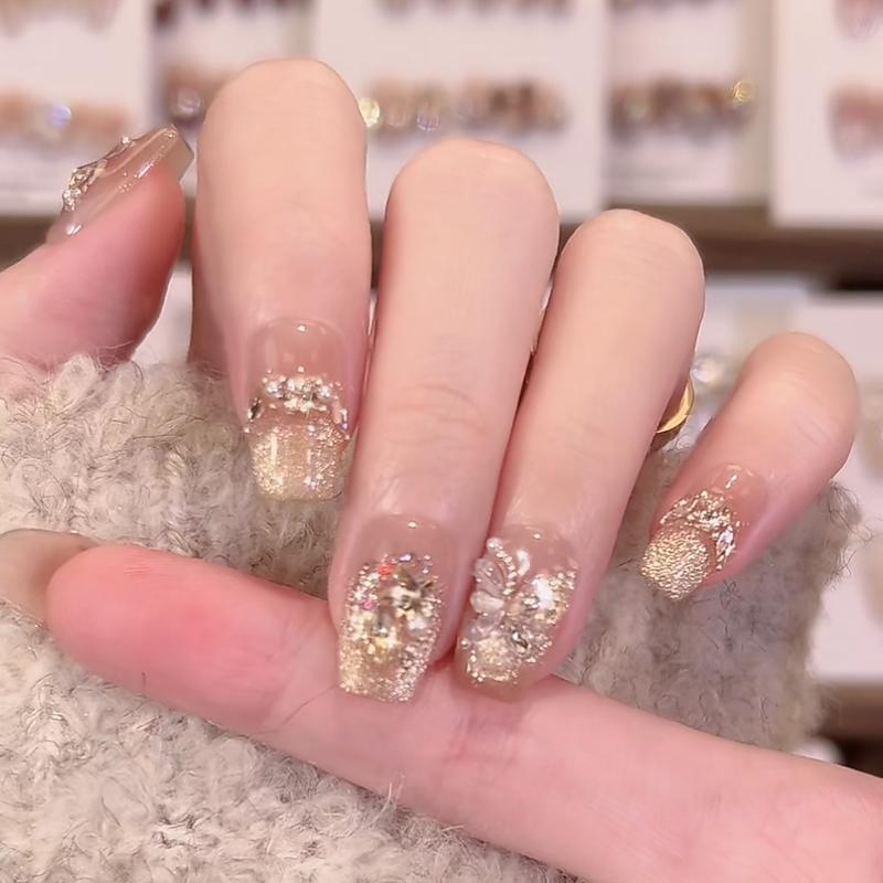 10pcs French Cat Eye Gilded Butterfly Handmade Fake Nails Dazzling Press On Nail Tips