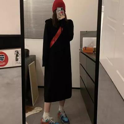 Autumn and Winter Medium and Long Dresses for Women, Thin and High-end Meat Covering French Lazy Wind Hooded Knitted Dresses