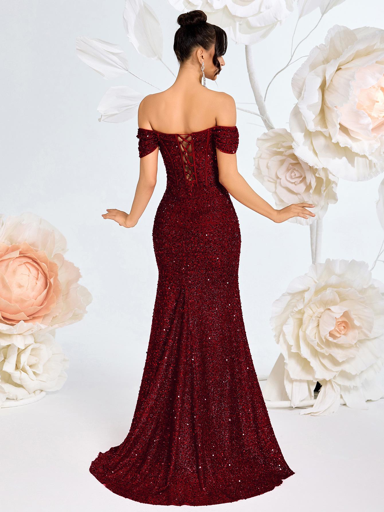 French off-the-shoulder pleated sequin dress, sexy