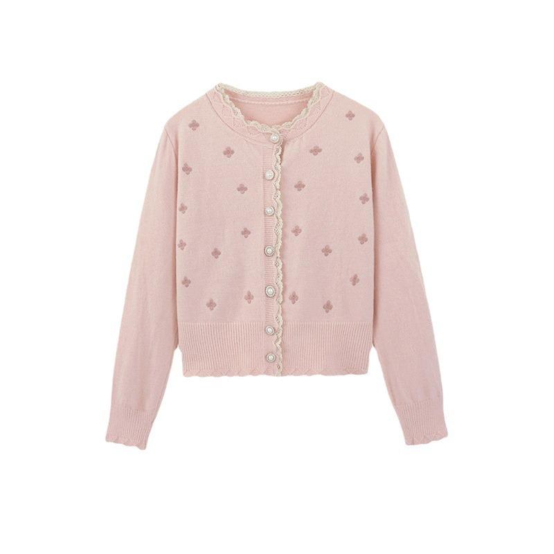 Spring Korean Sweet Lace Trim Knit Cardigan Women Sweater Knit Top Seasonal Womenswear