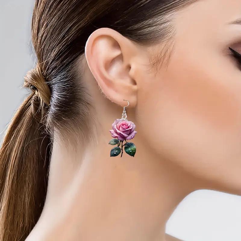 Pink Rose Forest Style Acrylic Earrings - Retro Artistic Gift