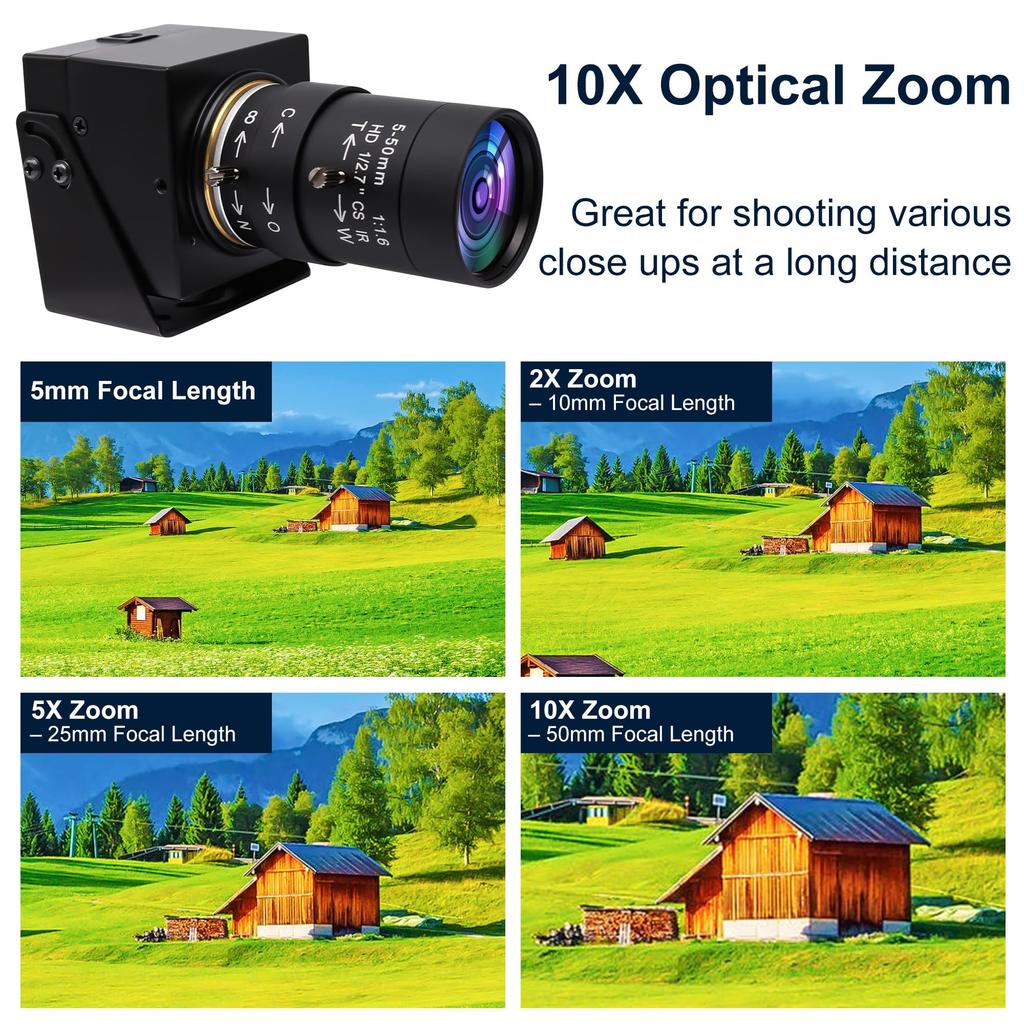 SVPRO 8MP USB Manual Focus Webcam with Varifocal Lens 10x Zoom External Camera for Laptops and UVC Plug and Play Camera, 5-50mm CS-Mount - PCs,