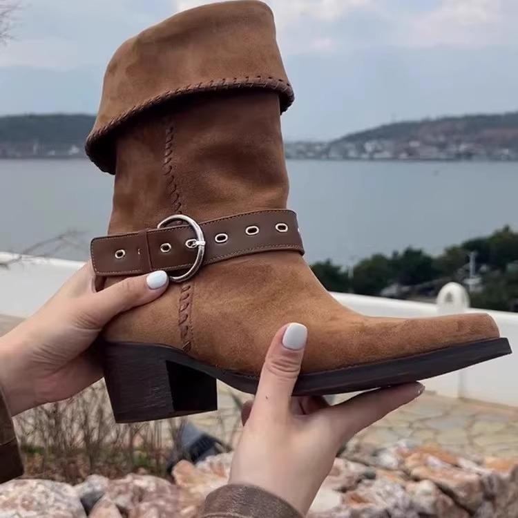 Square Gun Gun Same 2025 New Wasteland Wind Pile Boots Retro Pointed Lightweight Western Travel Boots Knight Boots Women