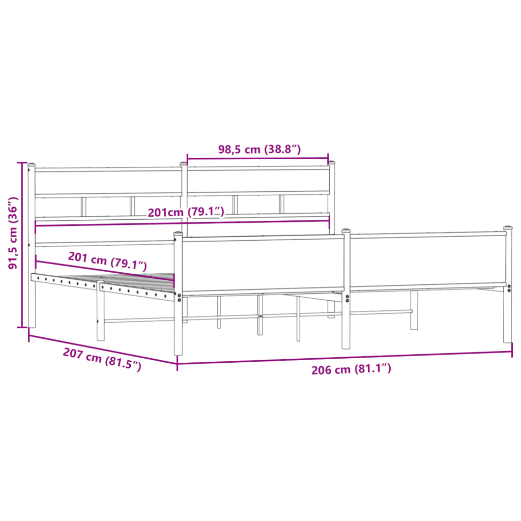 Metal Bed Frame Without Mattress Smoked Oak Finish 200x200 Cm