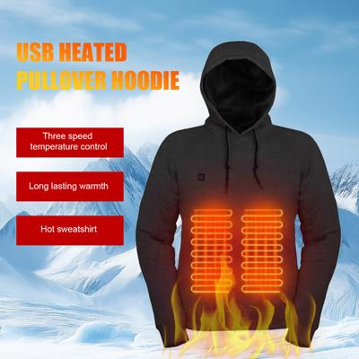 Beheizter Kapuzenpullover für Herren mit 3 Heizstufen, USB-Heizung, große Fronttasche, einstellbare Temperatureinstellungen, gerippte Bündchen, Saum oben, lange Ärmel, elektrische Erwärmung