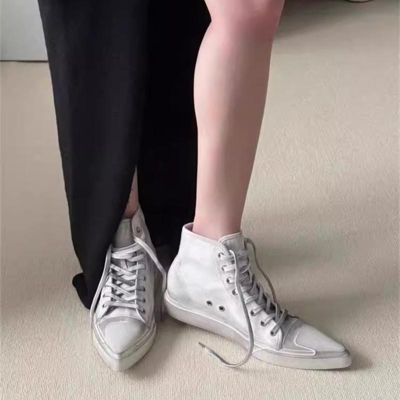 Vintage Lace-up Height Increase Women Canvas Shoes Pointed toe White Wedges Spring Summer Female Casual Sneakers Shoes