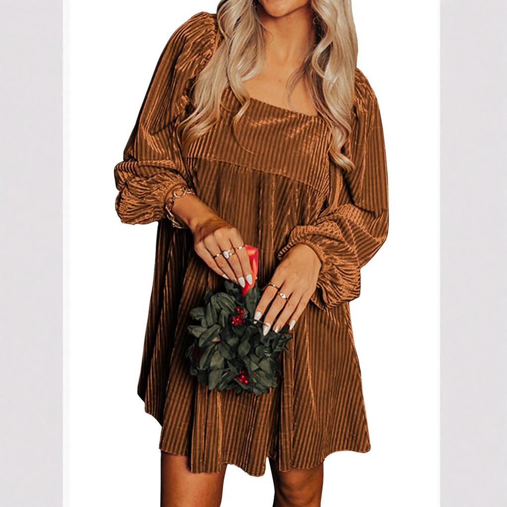 Womens Loose Fit Square Neck Long Sleeve Velvet Babydoll Dresses Dress