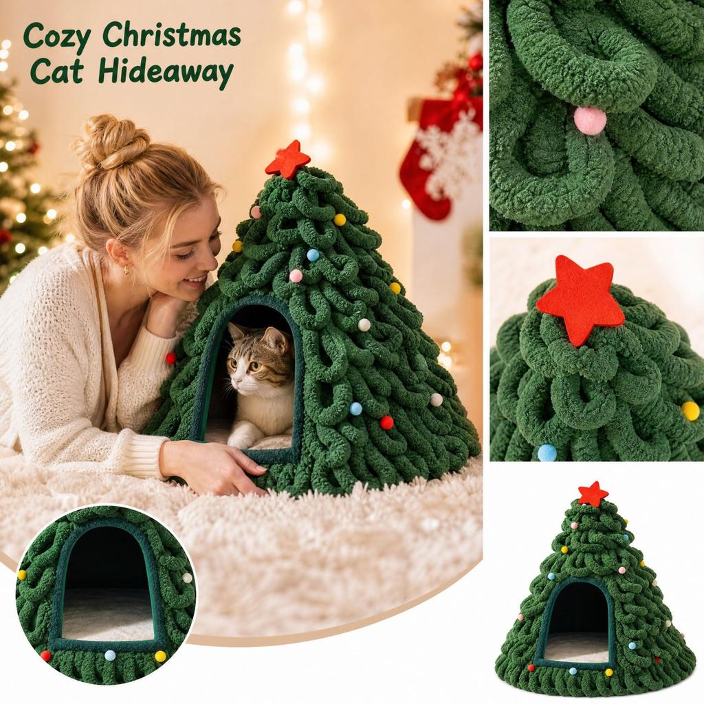 Christmas Tree Bed for Cats, Enclosed House for Indoor, Pet Furniture