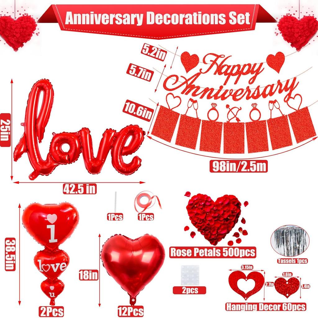 Happy Anniversary Decorations Set - Happy Anniversary Banner and Balloons, Photo Banner, I Love You and Red Heart Balloons with Rose Petals for