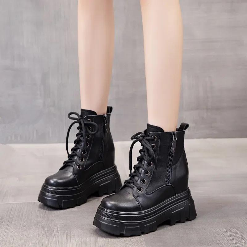 Fashion Brown 7CM Genuine Leather Synthetic Cushioned Autumn Women Spring Durable Ankle Boots Platform Wedge Winter Plush Spring Shoes