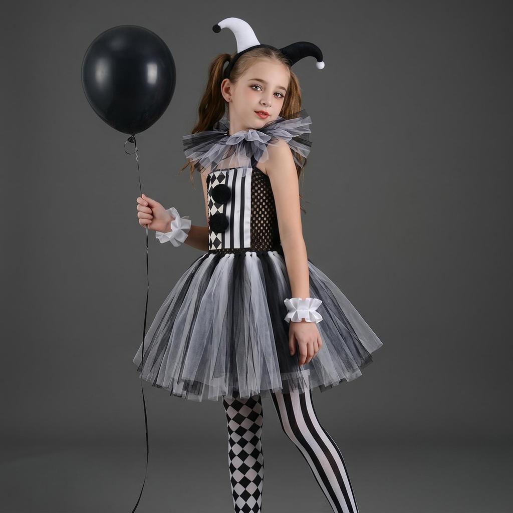 Kids Terrifier Black White Clown Tulle Dress Halloween Role Play Stage Costume