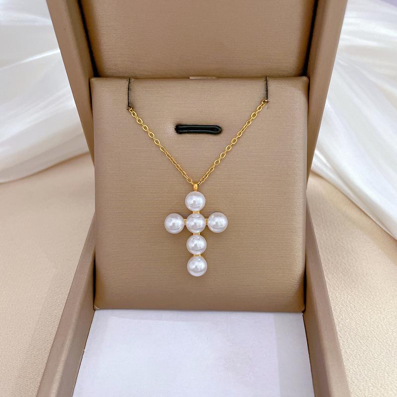 Pearl Cross Minimalist Wind Furnace Real Gold Necklace Female Collarbone Chain Accessories