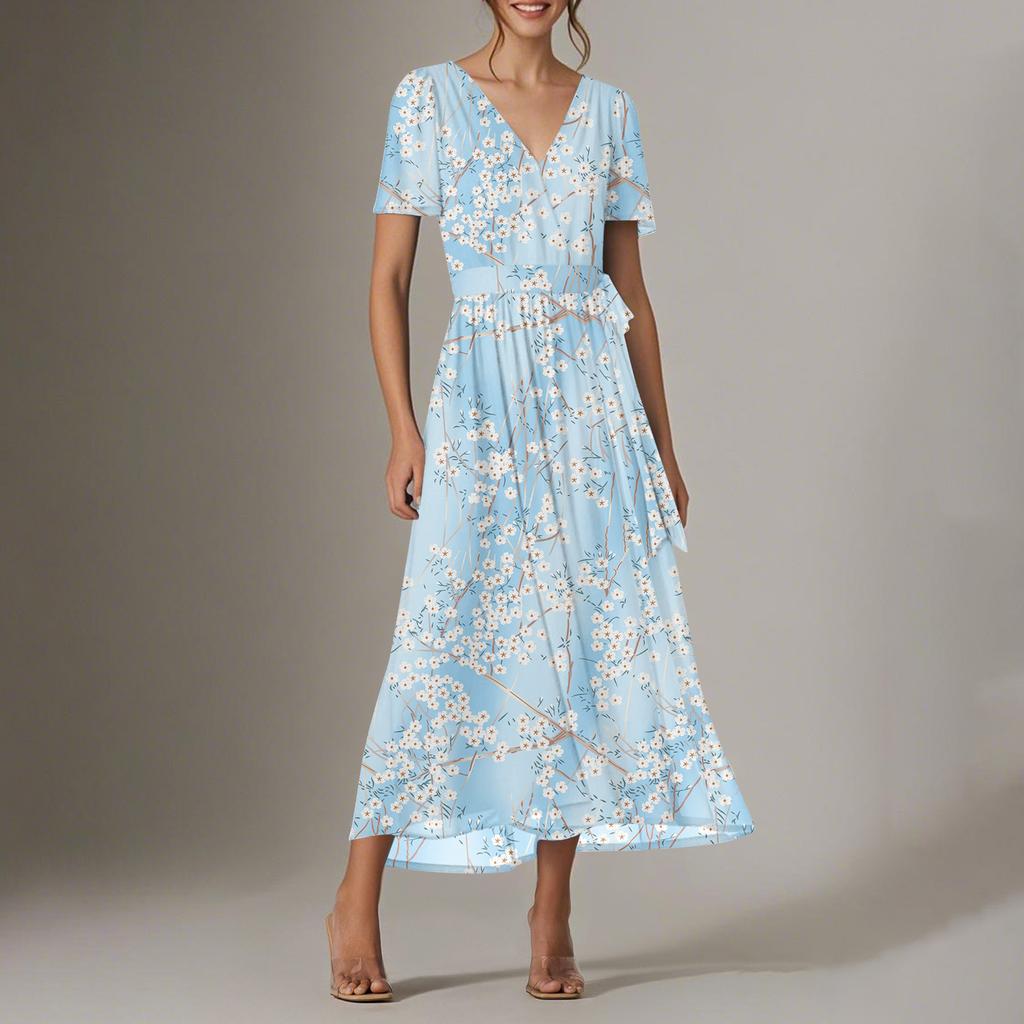 Women's Summer Floral Bohemian Dress Wrap V Neck Short Sleeves Ruffle A-Line Flowy Maxi Dress Summer Dresses For Women