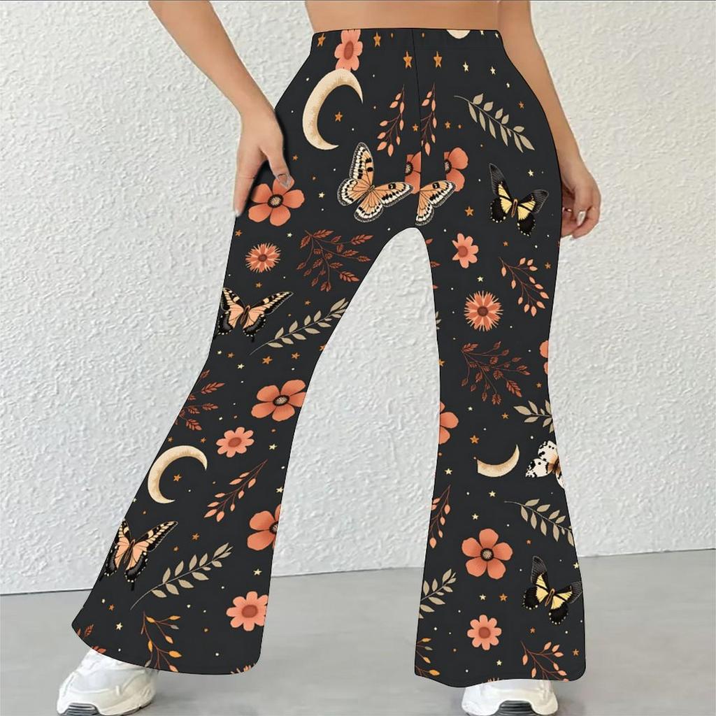 Kadın Gündelik Yüksek Bel İspanyol Paça Pantolon, Çiçek Baskılı Sokak Giyimi Büzgülü Paça Pantolon