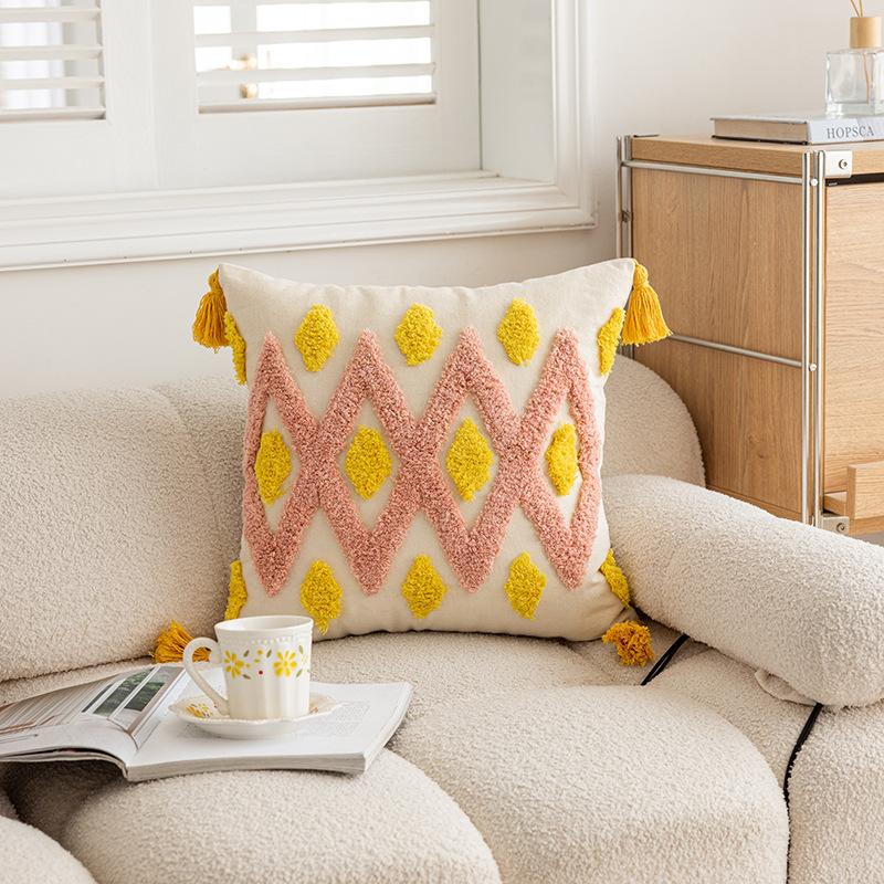 3D Embroidered Tassel Throw Pillow Cover Decorative Cushion Case For Sofa Living Room Japanese Tatami Style Pillow Cover