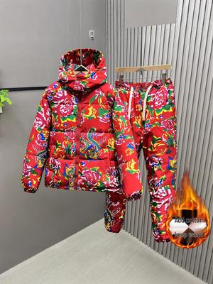 Guochao Unisex Peony Flower Winter Jacket, New Style, Thickened Warm Cotton-Padded Coat