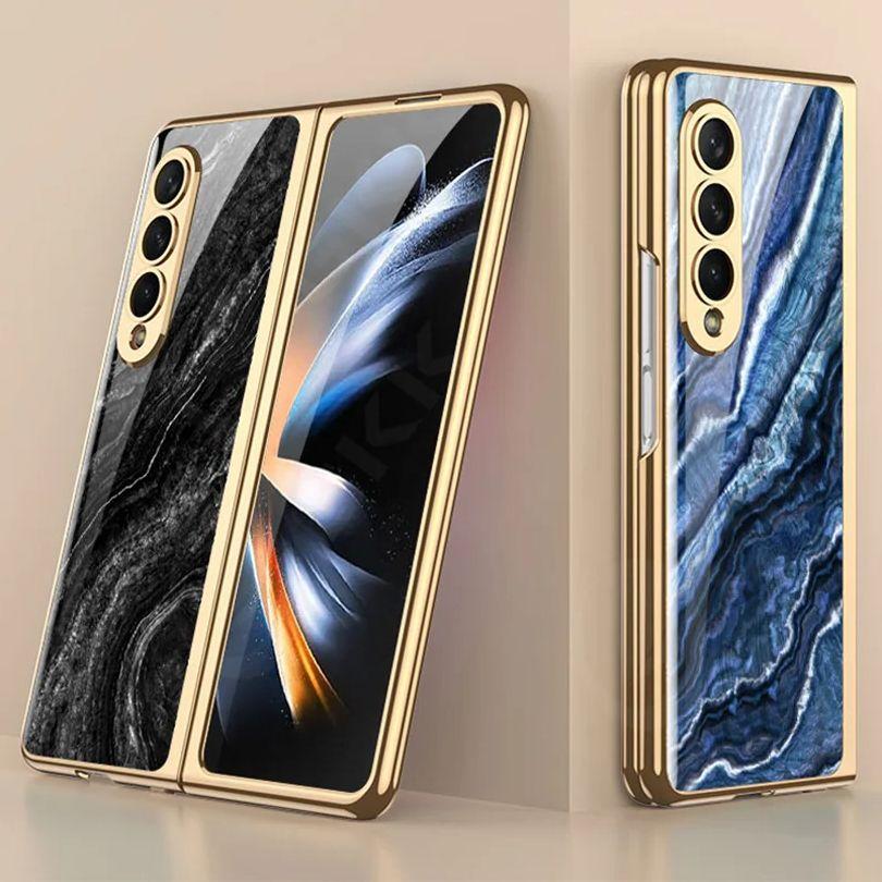 Luxury Plating Frame Case For Samsung Galaxy Z Fold 4 5G Painted Pattern Tempered Glass Hard Cover For Galaxy Z Fold5 4 3 Case