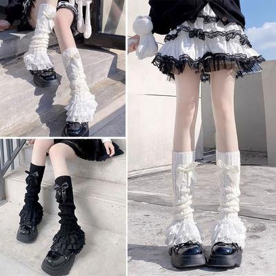 Lace Trim Knitted Leg Warmer Warm Knitted Fabric Bow Tiered Socks  Japanese Style