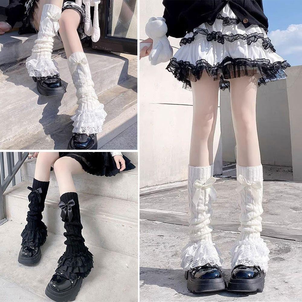 Lace Trim Knitted Leg Warmer Warm Knitted Fabric Bow Tiered Socks Japanese Style