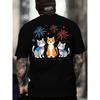 European Sizes Men'S Patriotic Cats Graphic T-Shirt - "Happy Independence Day" Back Print, Black with Colorful Fireworks & American Flag Design