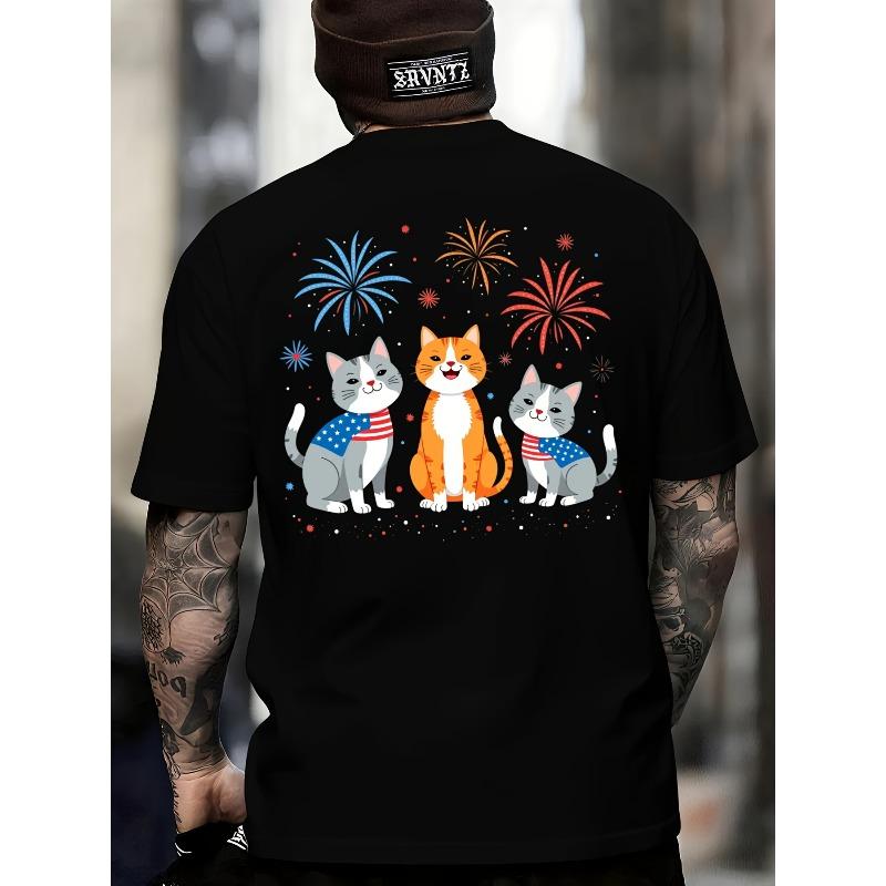 

European sizes Men S Patriotic Cats Graphic T-Shirt - Happy Independence Day Back Print, Black with Colorful Fireworks & American Flag Design 4XL чорний