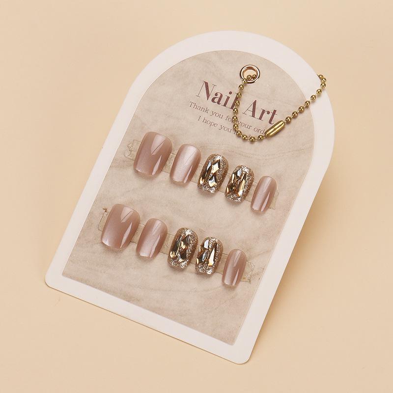 Trendy Cat Eye Crystal Nail Tips: Champagne Diamond Short Removable Patches