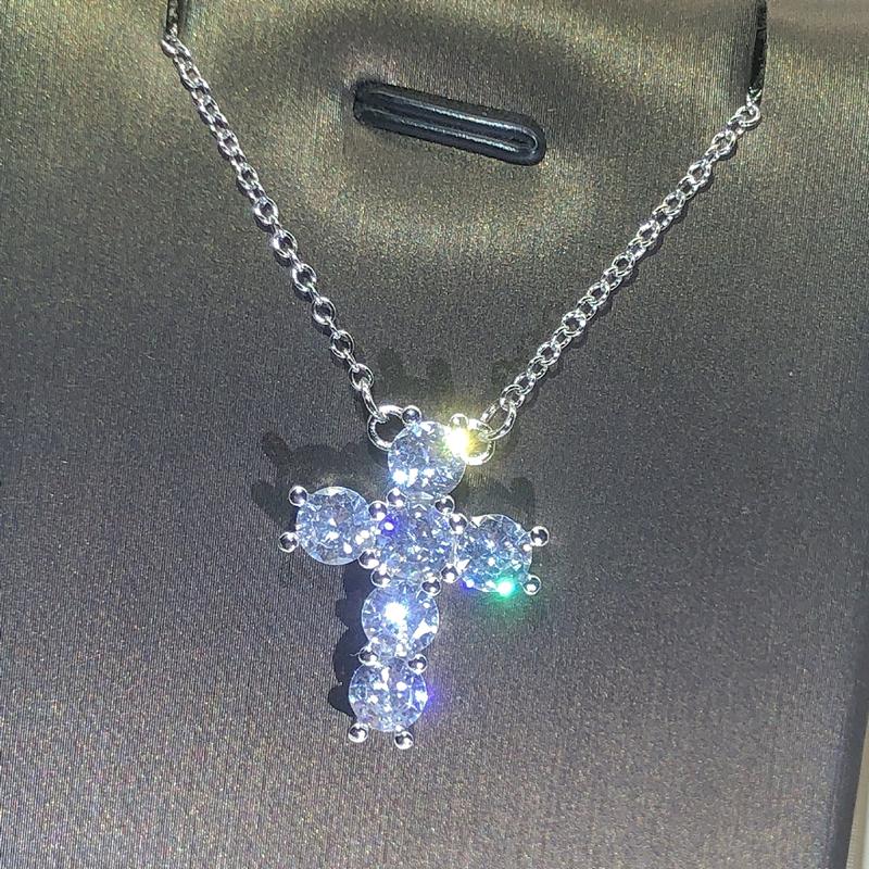 Exquisite 925 Silver Necklace Jewelry Women Wedding Fashion Cross CZ Crystal Zircon Stone Pendant Necklace Christmas Gift