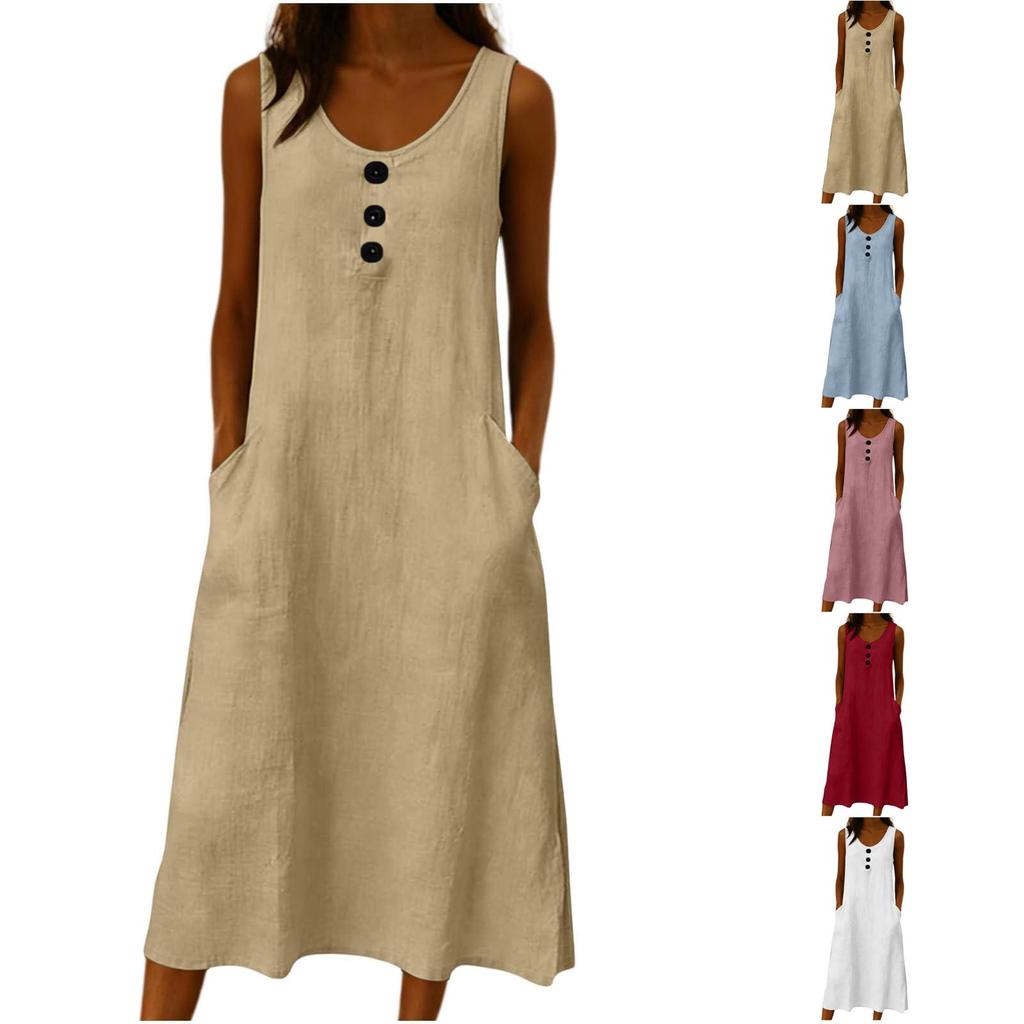 Ärmelloses Freizeitkleid mit Rundhalsausschnitt und Knopfleiste Vordertaschen Midi-Länge Lockerer Schnitt Sommerkleid für Damen
