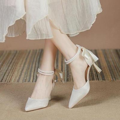 French Sandals Niche Temperament Socialite Autumn Pearl Bow Super Fairy High Heels