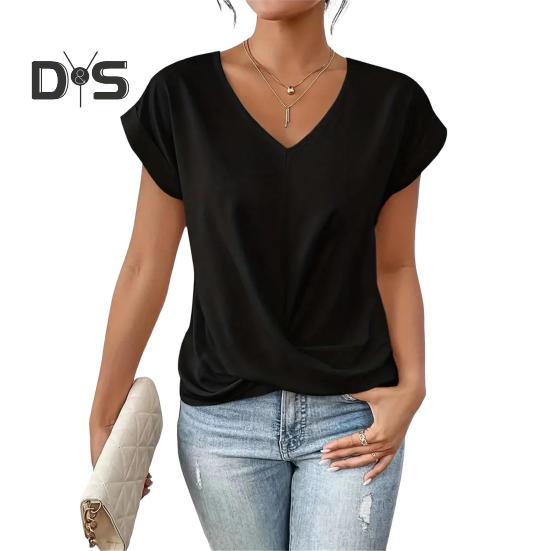

Летние женские рубашки с коротким рукавом и V-образным вырезом, однотонные повседневные дышащие топы, универсальные модные блузки для джинсов и юбок L чёрный
