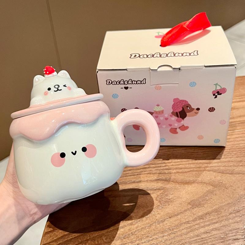 Gift Super Cute Pudding Mug Household Ceramic Water Cup with Lid Spoon Coffee Cup Souvenir