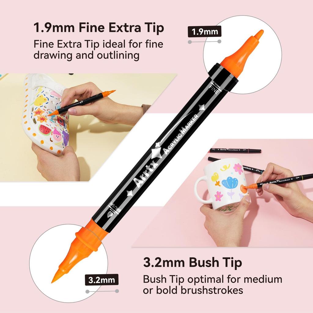 Arrtx Acrylic Paint 64 Acrylic Paint Pens for Rock Card DIY and Calligraphy Markers, Colors, Dual-Tip Painting, Wood, Ceramic, Fabric, Glass, Canvas,