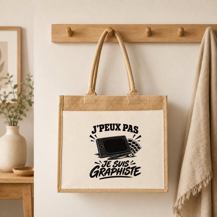 Sac Cabas Jute avec Poche J’peux pas je suis Graphiste J'peux pas minimaliste | Toile de Jute et Coton 21 L Fond Plat Anses 65 cm