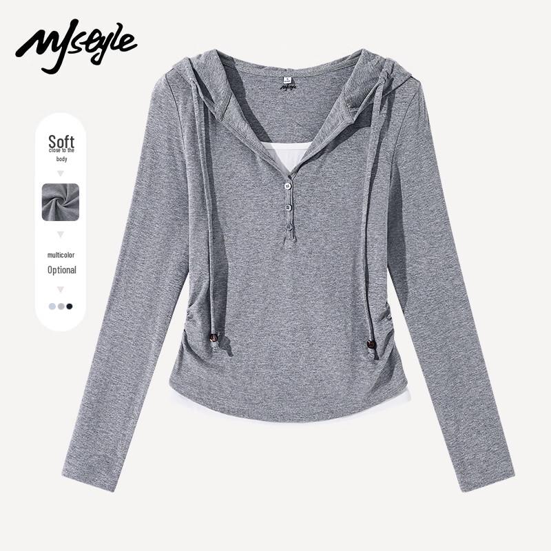 MJ STYLE Women's Hooded Faux Two-Piece Ruched Long Sleeve T-Shirt