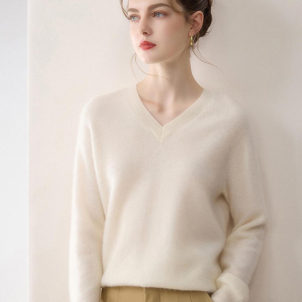 Minimalist Women's Pure Cashmere V-Neck Loose Knit Sweater - Early Autumn Pullover Top