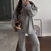 Women Casual Solid Color Knit Sweater Two Piece Set Autumn Winter Thick Round Neck Loose Pullover Wide Leg Pants Matching Sets