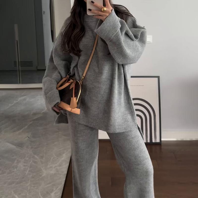 Women Casual Solid Color Knit Sweater Two Piece Set Autumn Winter Thick Round Neck Loose Pullover Wide Leg Pants Matching Sets